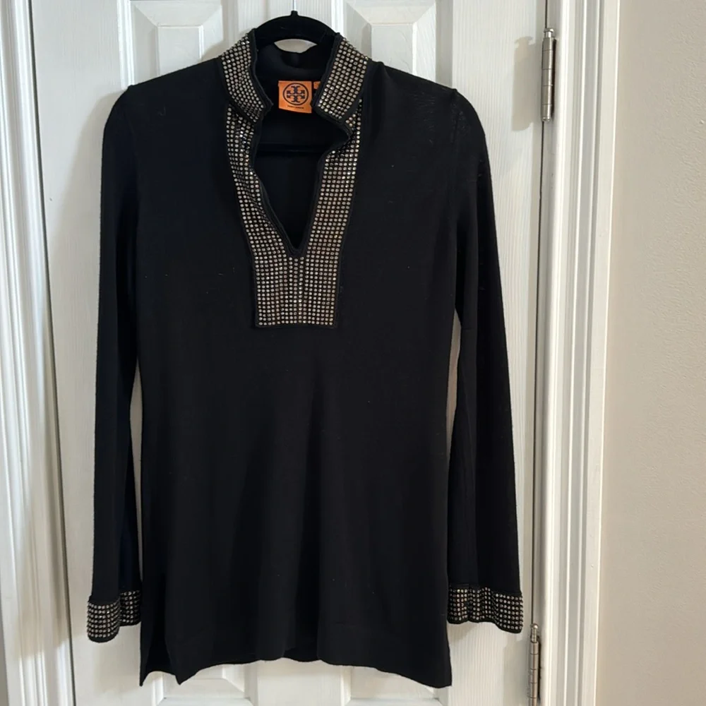 Tory Burch Black Merino Wool Rhinestone Embellished Tunic Sweater